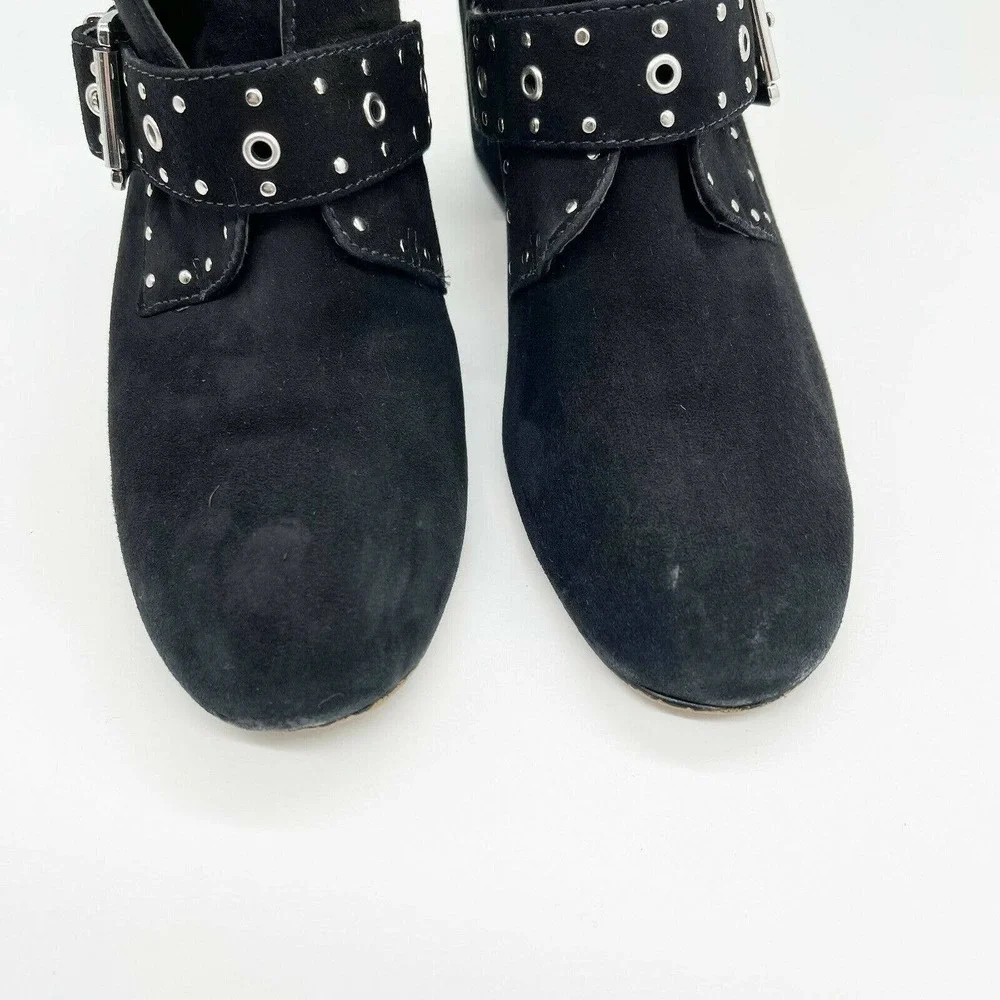 Rebecca Minkoff Logan Studded Booties Shoes‎ Sz 7.5 Black Suede Buckle Strap Zip